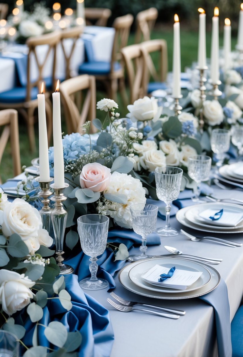 A wedding table set with blue linens, white and pastel flowers, crystal glasses, silver cutlery, and lit candles.