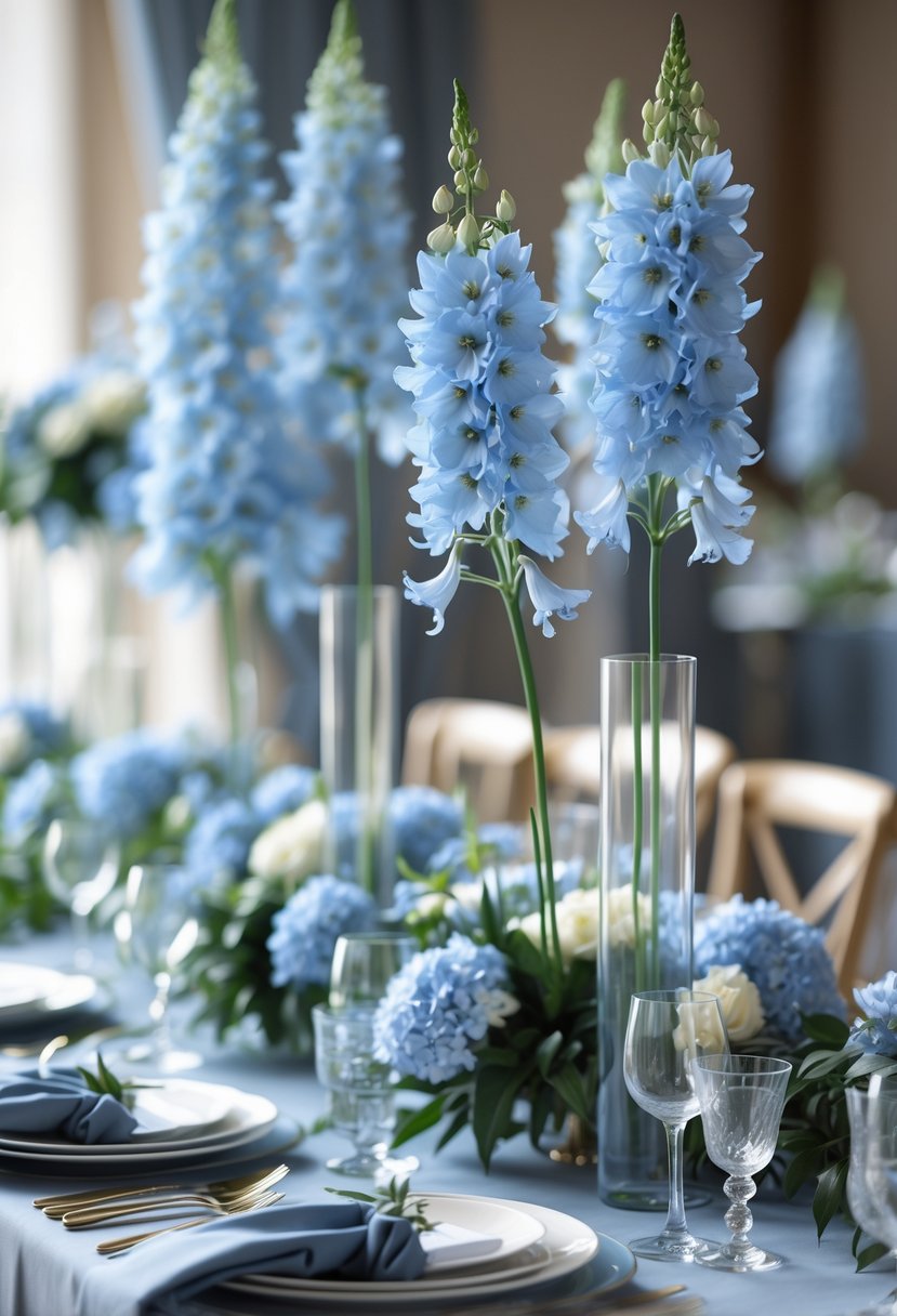 A wedding table with dusty blue floral centerpieces featuring tall delphiniums and matching table decorations.