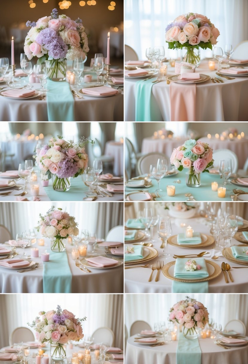 A collection of 15 wedding tables decorated with pastel-colored flowers, elegant tableware, and soft candlelight.