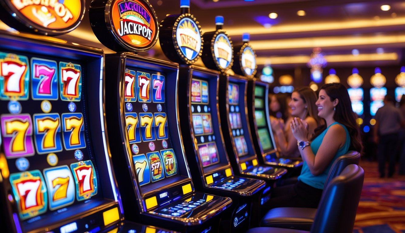 Area mesin slot di kasino dengan beberapa mesin slot yang menyala dan orang-orang bermain dengan ekspresi antusias.