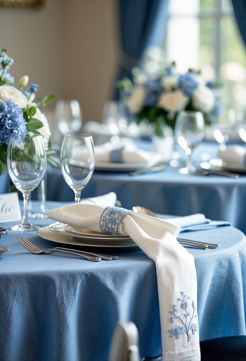 A wedding table set with a French blue linen tablecloth and white embroidered napkins, arranged with silverware, glassware, and floral centerpieces.
