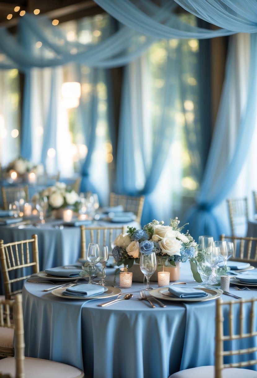 Wedding tables decorated with sheer dusty blue tulle and matching dusty blue table settings.
