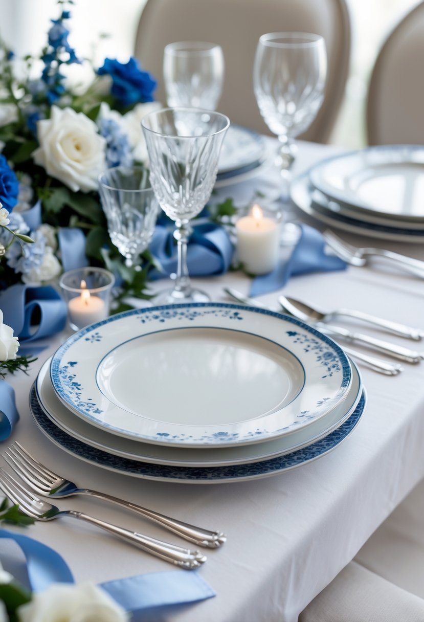 A wedding table set with white porcelain plates decorated with blue floral accents, silver cutlery, crystal glasses, and blue-themed decorations.