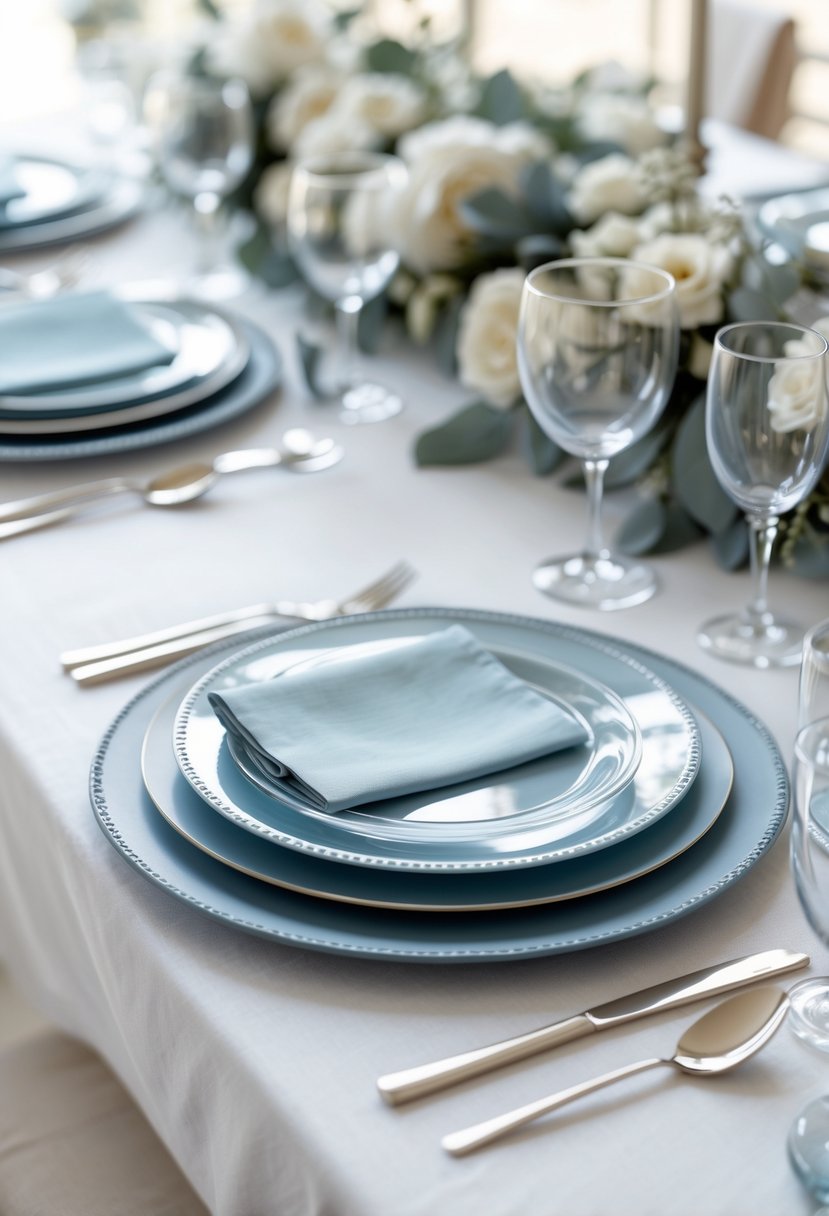 A wedding table setting with dusty blue charger plates under clear glass dinnerware, arranged neatly on a white tablecloth.