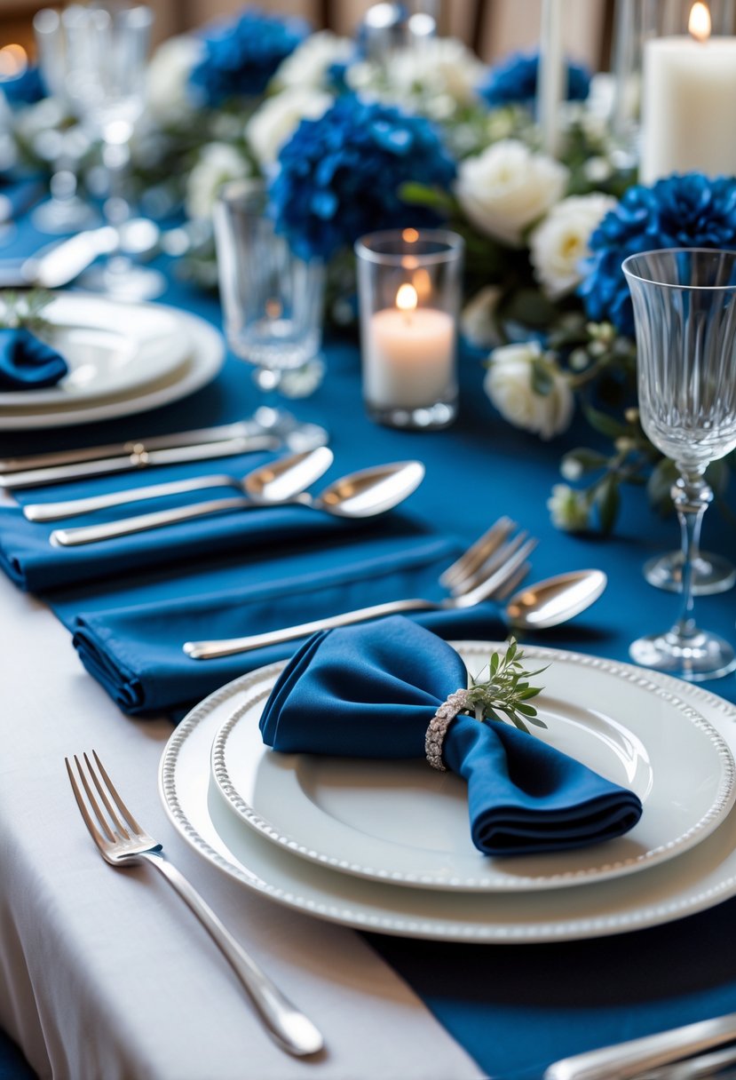 A wedding table setting with matte silver flatware and French blue decorations including napkins and flowers.