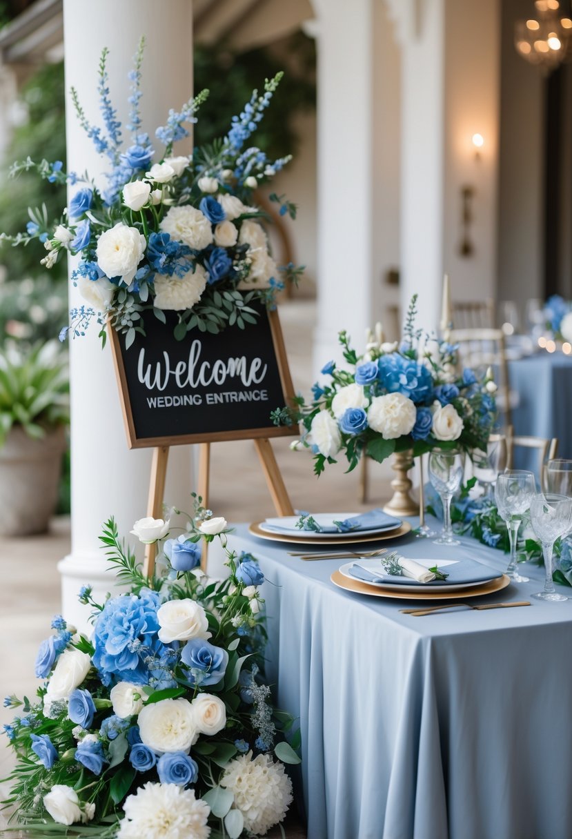 A wedding entrance with blue and white floral decorations and a dusty blue table setting nearby.