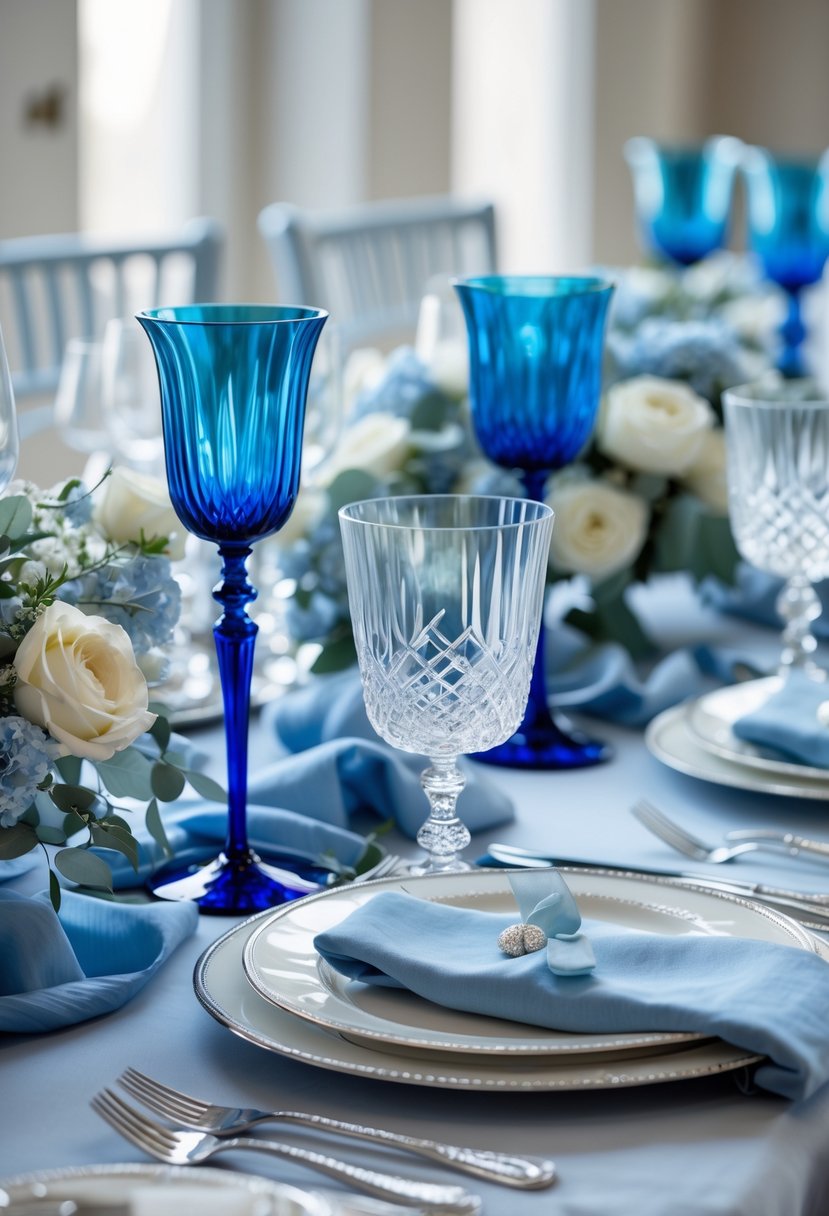 A wedding table set with crystal glasses that have blue stems, plates, silverware, blue napkins, and floral decorations.