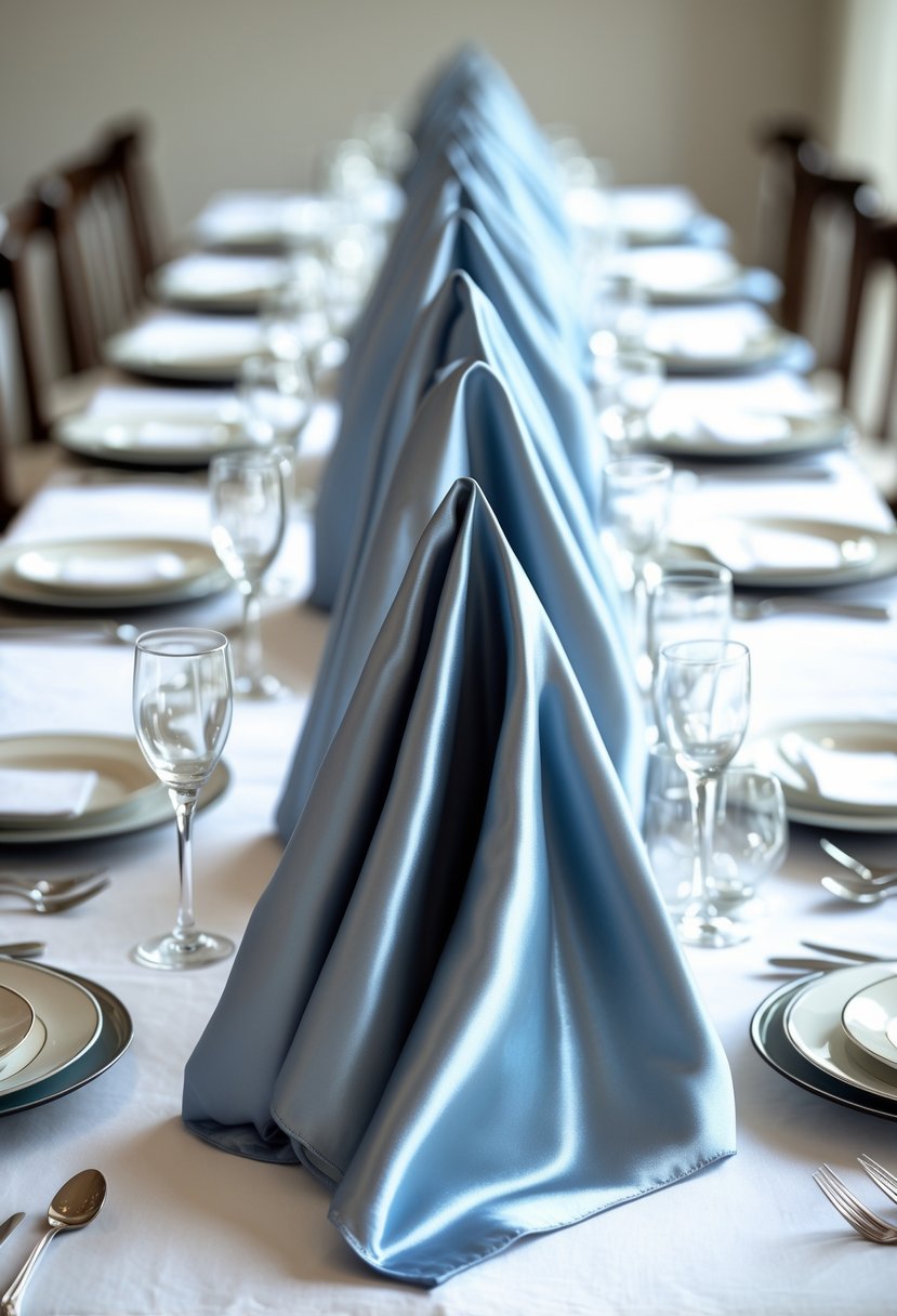 Fifteen dusty blue satin napkins folded elegantly on a wedding table set with plates, silverware, and glassware.