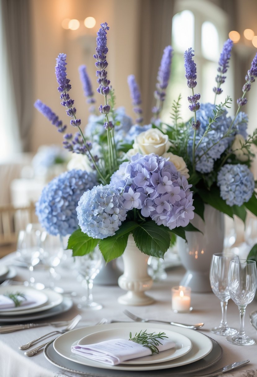 Wedding table with floral centerpieces mixing lavender and French blue flowers, set with plates, cutlery, and glassware.