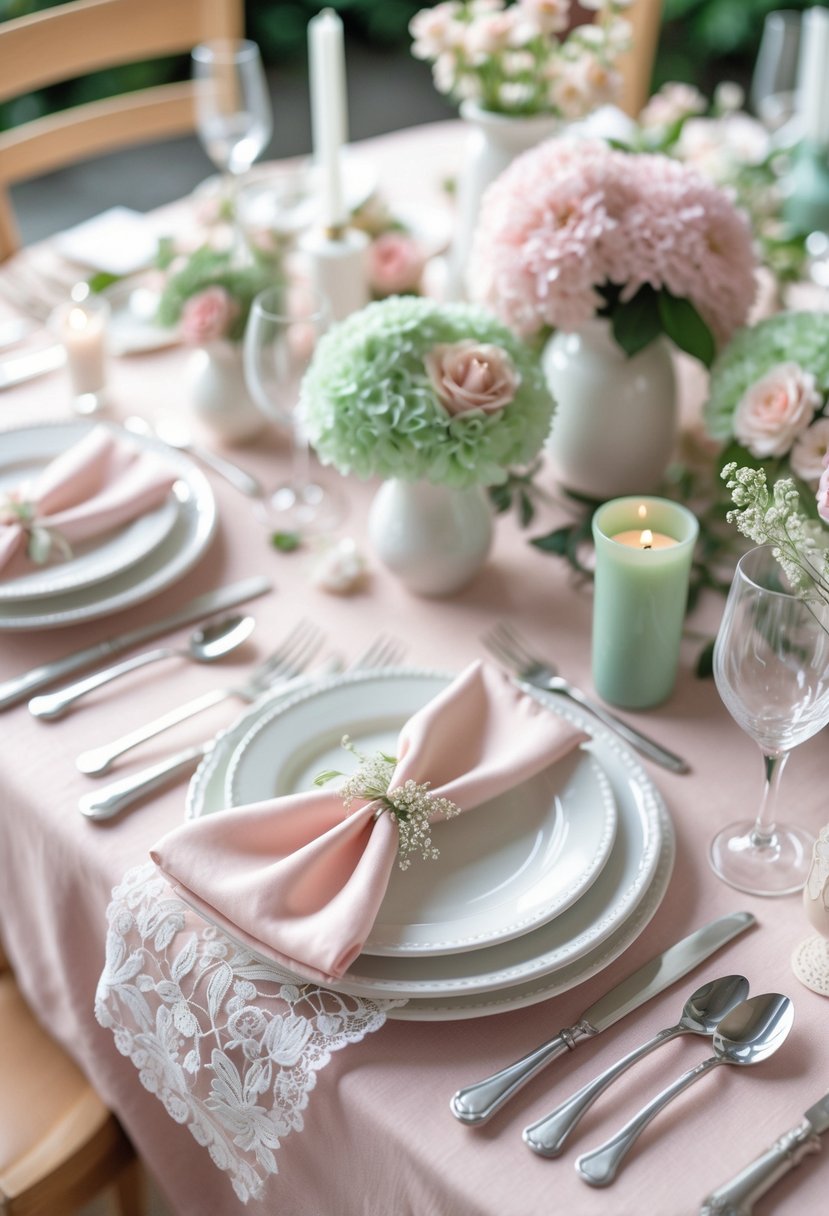 A wedding table set with a blush pink linen tablecloth and white lace overlay, decorated with pastel flowers, plates, cutlery, and glassware.