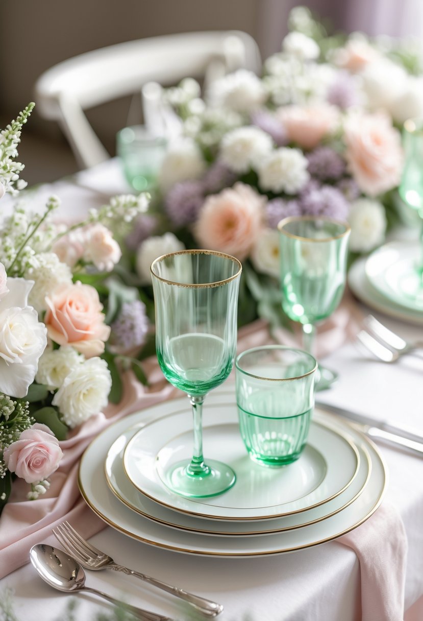 A wedding table set with mint green glassware, pastel flowers, white plates, and silver cutlery arranged on a light-colored tablecloth.