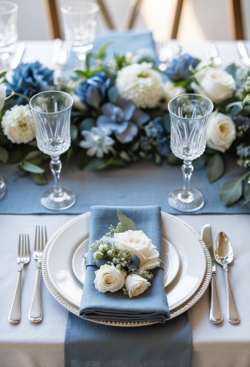 A wedding table set with dusty blue napkins, silver flatware, matching plates, floral arrangements, and glassware.