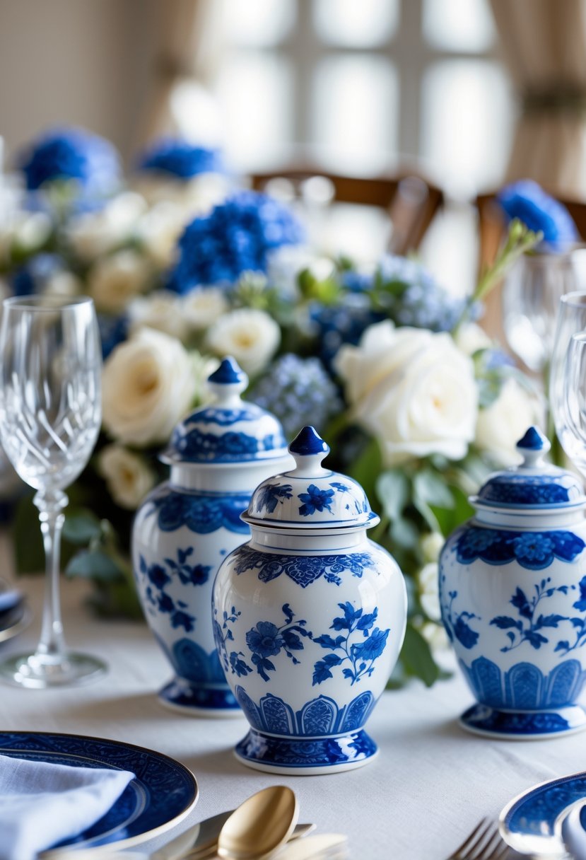 A wedding table set with blue and white porcelain spice jars, floral centerpieces, fine china, and glassware.