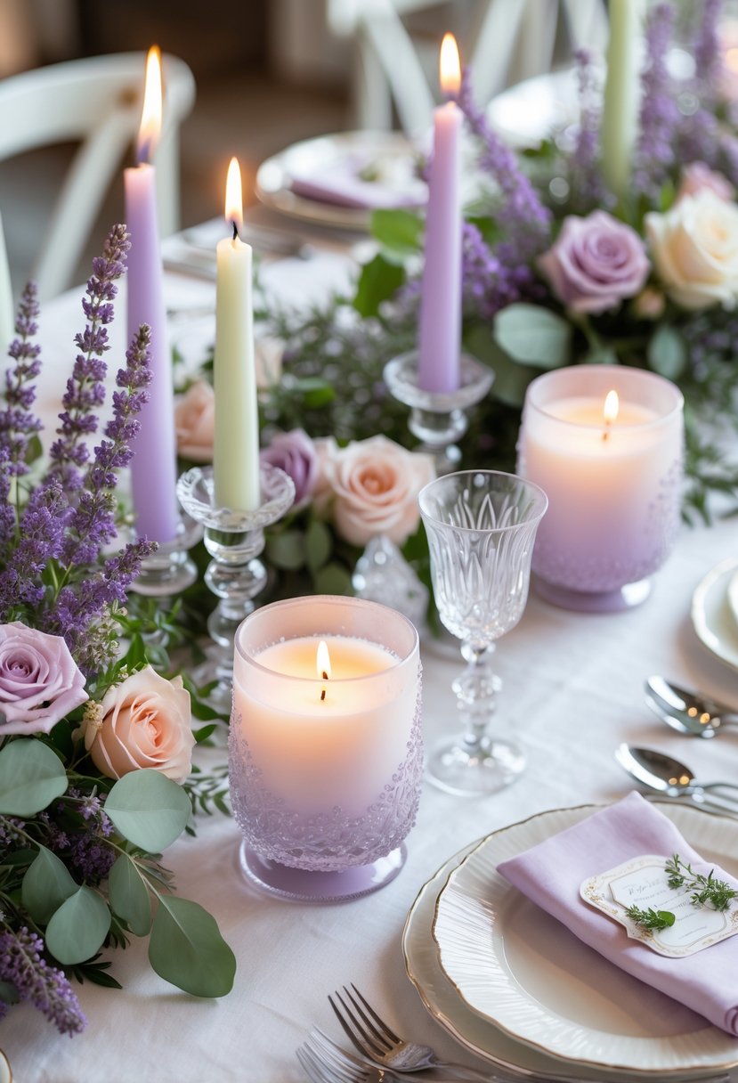 A wedding table set with lit lavender scented candles in frosted holders, surrounded by pastel flowers and elegant tableware.
