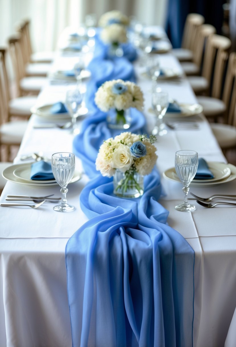 Wedding tables with sheer French blue chiffon runners, white tablecloths, floral centerpieces, glassware, and table settings.