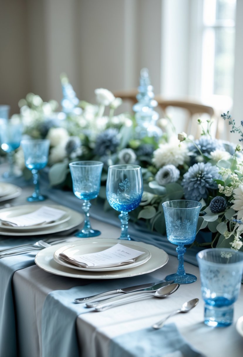 A wedding table set with blue tinted glassware, dusty blue linens, plates, silver cutlery, and floral decorations.