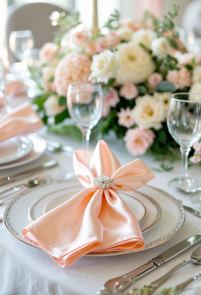 A wedding table set with soft peach napkins tied with satin ribbons, surrounded by pastel floral decorations and elegant tableware.