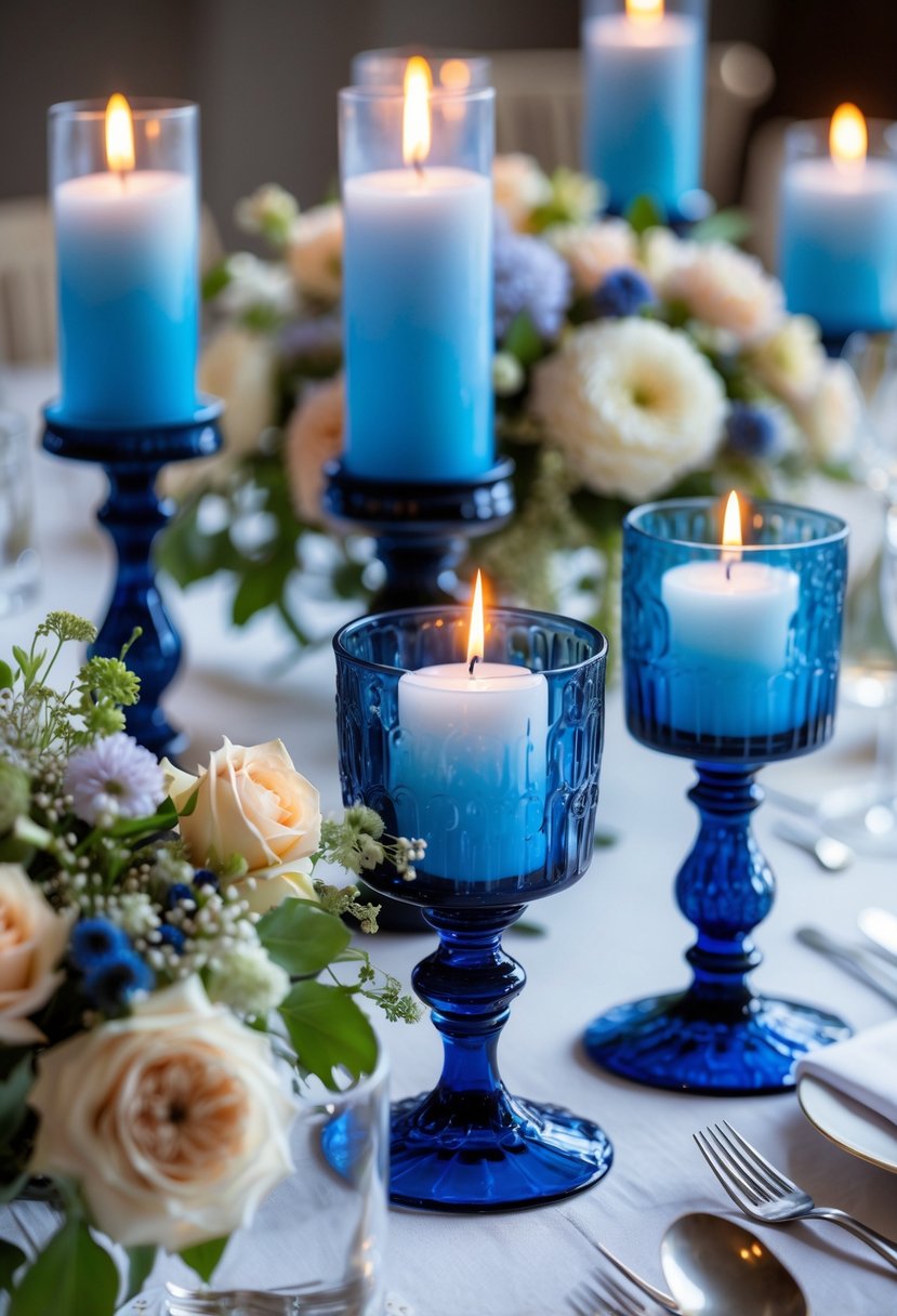 Wedding table with blue glass candle holders and floral decorations.