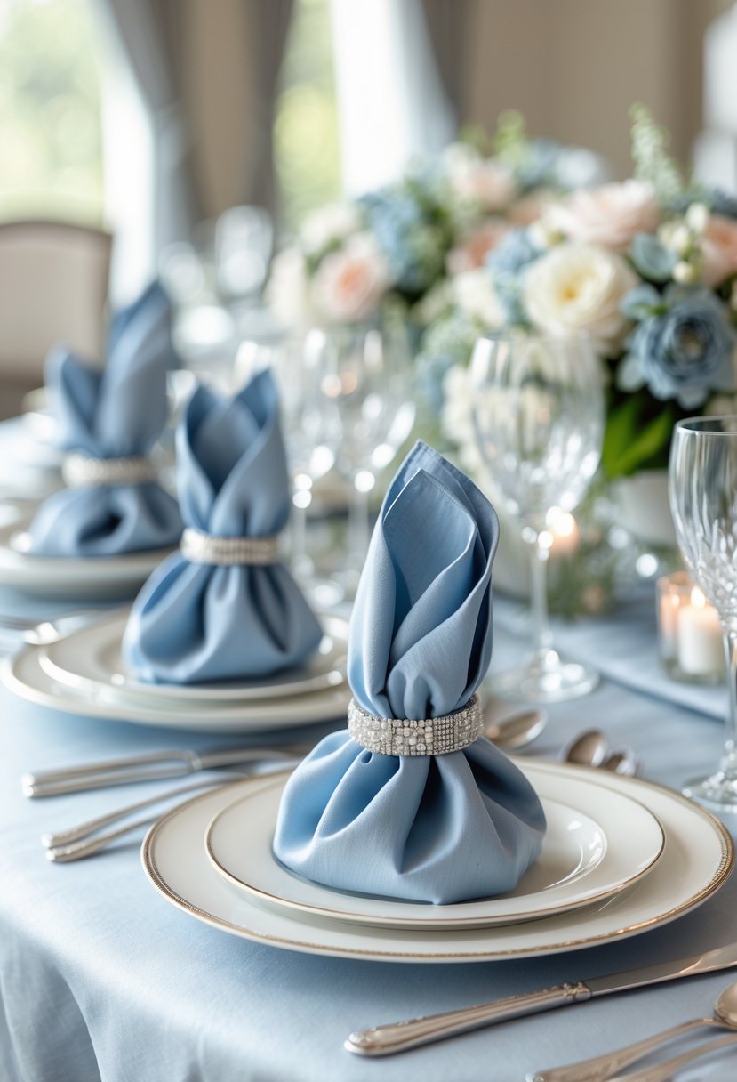 A wedding table set with dusty blue napkin rings, white plates, silverware, glassware, and floral centerpieces.