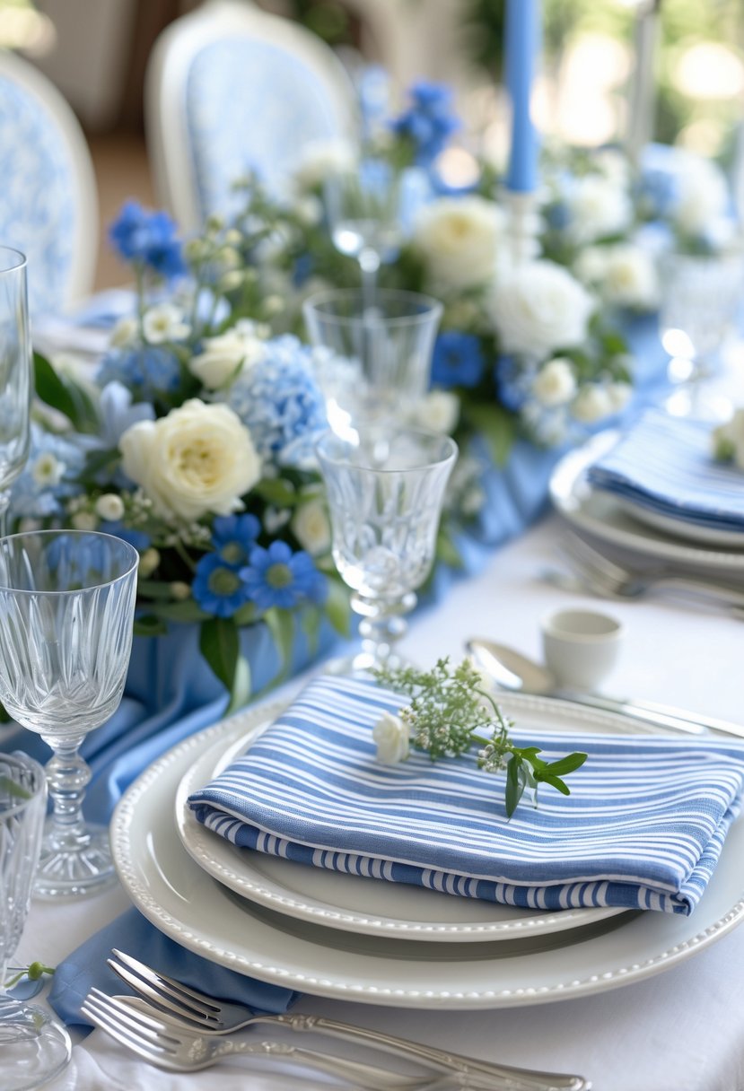 A wedding table set with blue and white striped napkins, white plates, floral centerpieces, glassware, and silver cutlery.