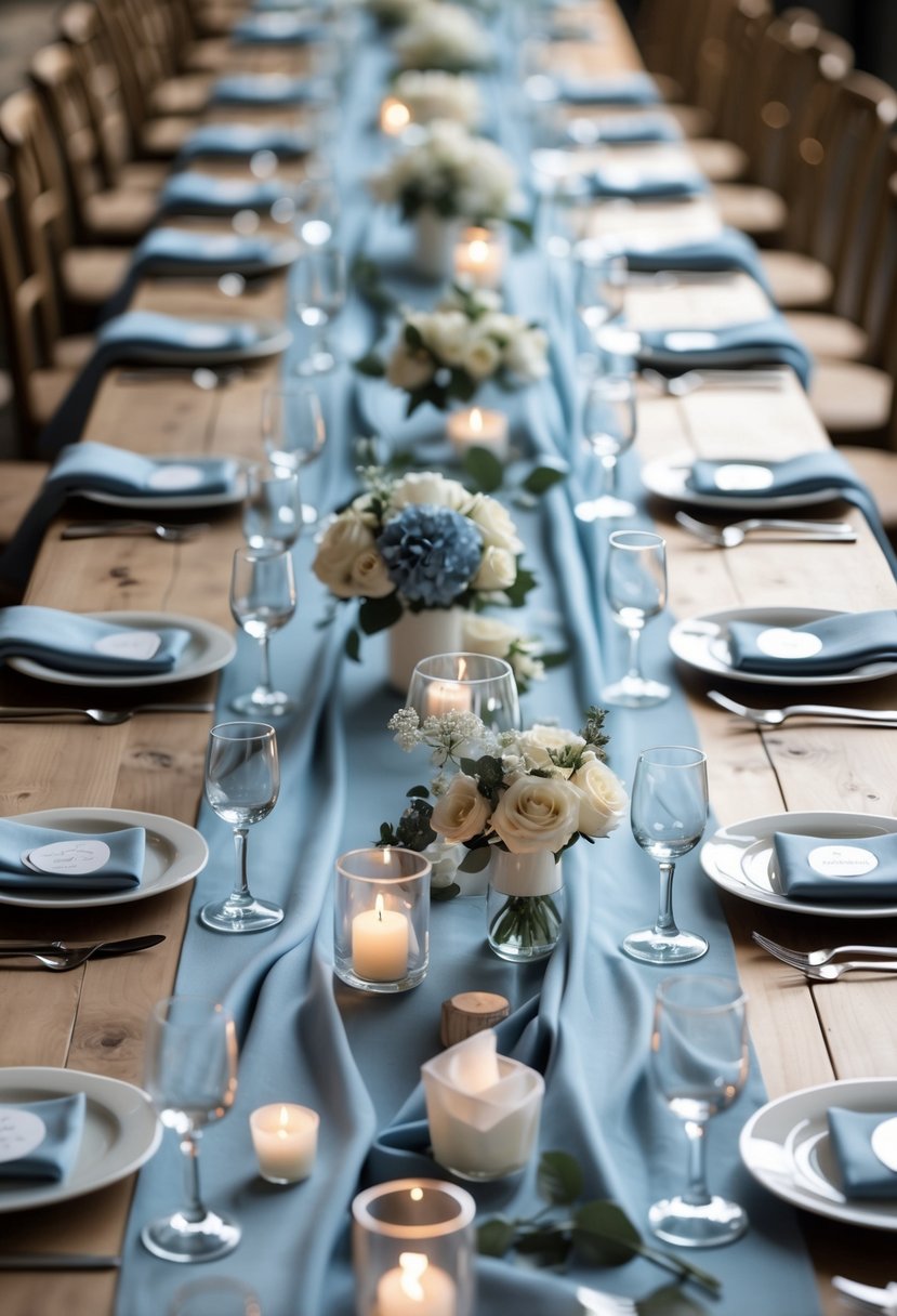 Long wooden banquet tables with soft dusty blue runners and 15 neatly arranged place settings for a wedding.