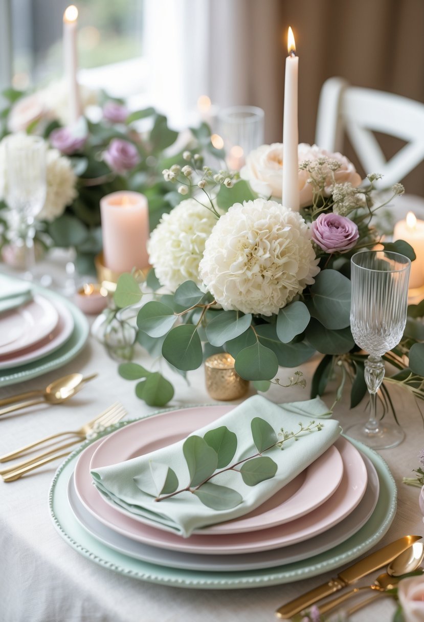 A wedding table with ivory floral centerpieces and eucalyptus surrounded by pastel-colored plates, napkins, and glassware.