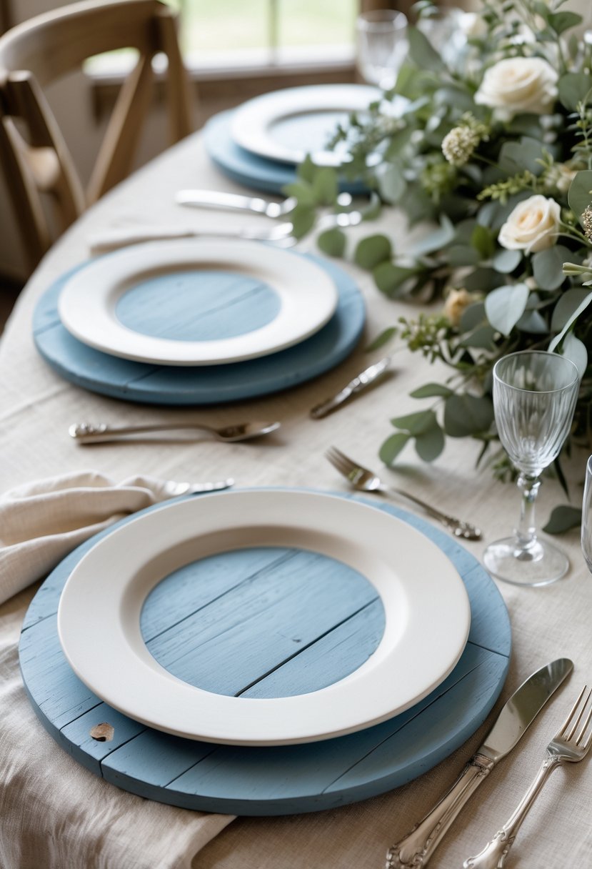 A wedding table setting with wooden chargers painted in blue, white plates, silverware, linen napkins, and floral decorations.