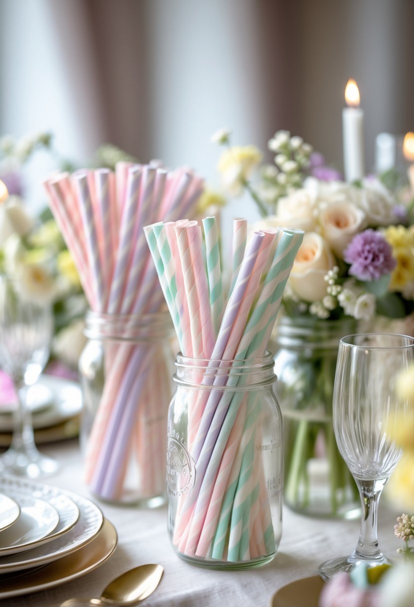 Glass jars filled with pastel striped paper straws arranged on a decorated wedding table.