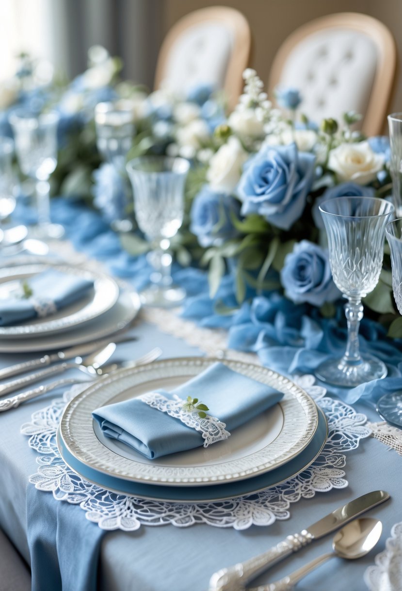A wedding table set with delicate dusty blue lace placemats, fine china, crystal glasses, and silver cutlery.