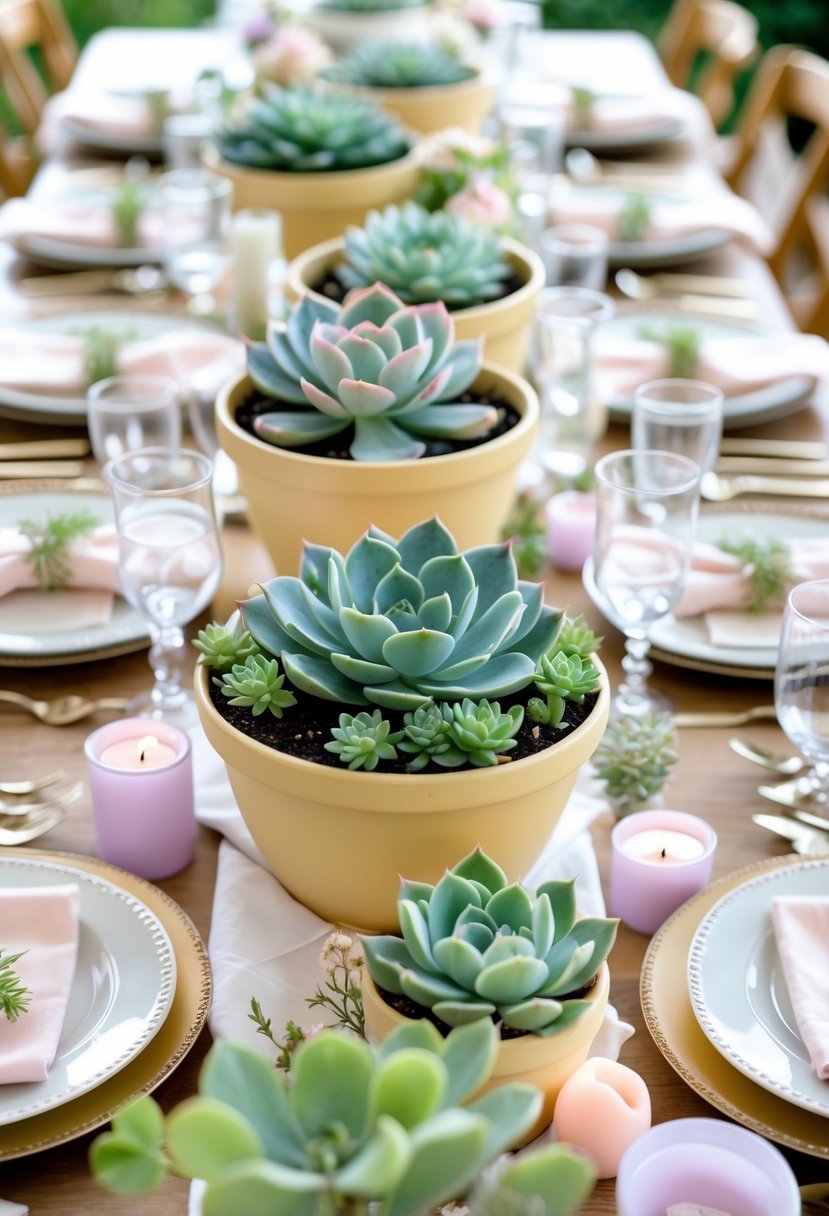 A wedding table decorated with light yellow terracotta pots holding green succulents, surrounded by pastel-colored decorations and elegant tableware.