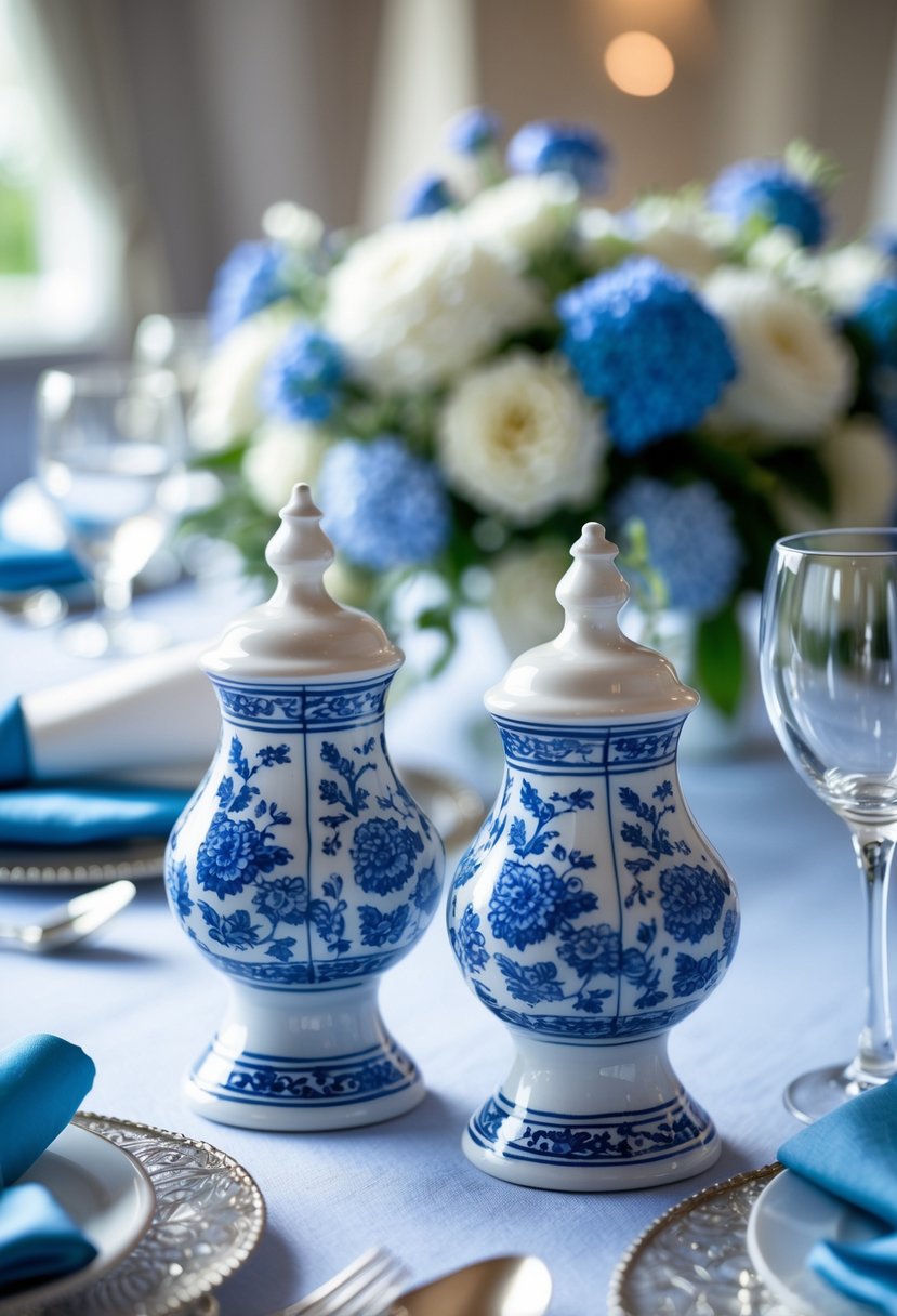 Blue and white ceramic salt and pepper shakers on a wedding table with blue and white decorations.