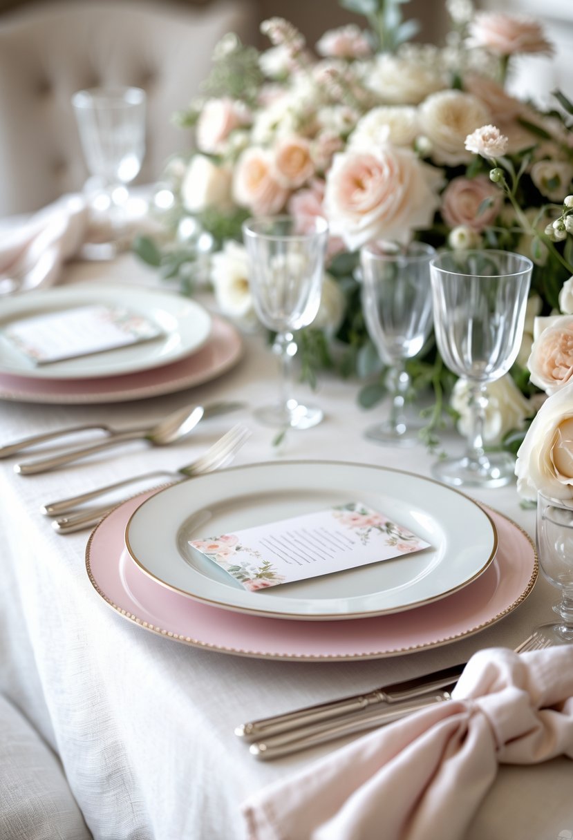 A wedding table set with powder pink charger plates under white dinnerware, surrounded by pastel floral decorations and glassware.