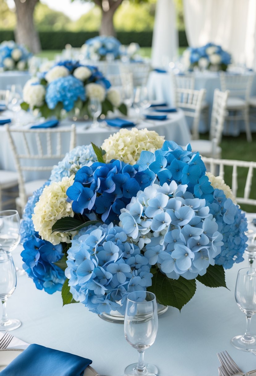 Wedding tables decorated with blue hydrangea bouquets in different shades and elegant table settings.