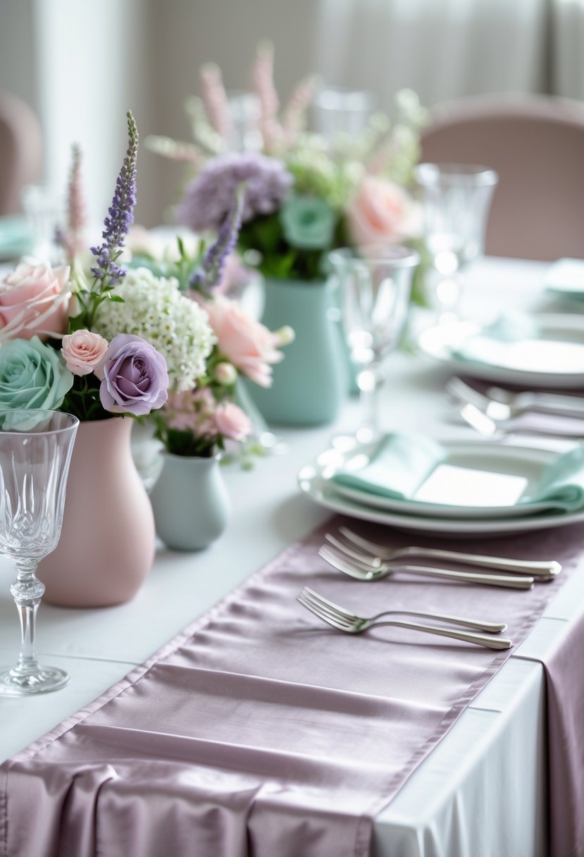 A wedding table set with mauve silk runners, pastel floral arrangements, white plates, silverware, and glassware.
