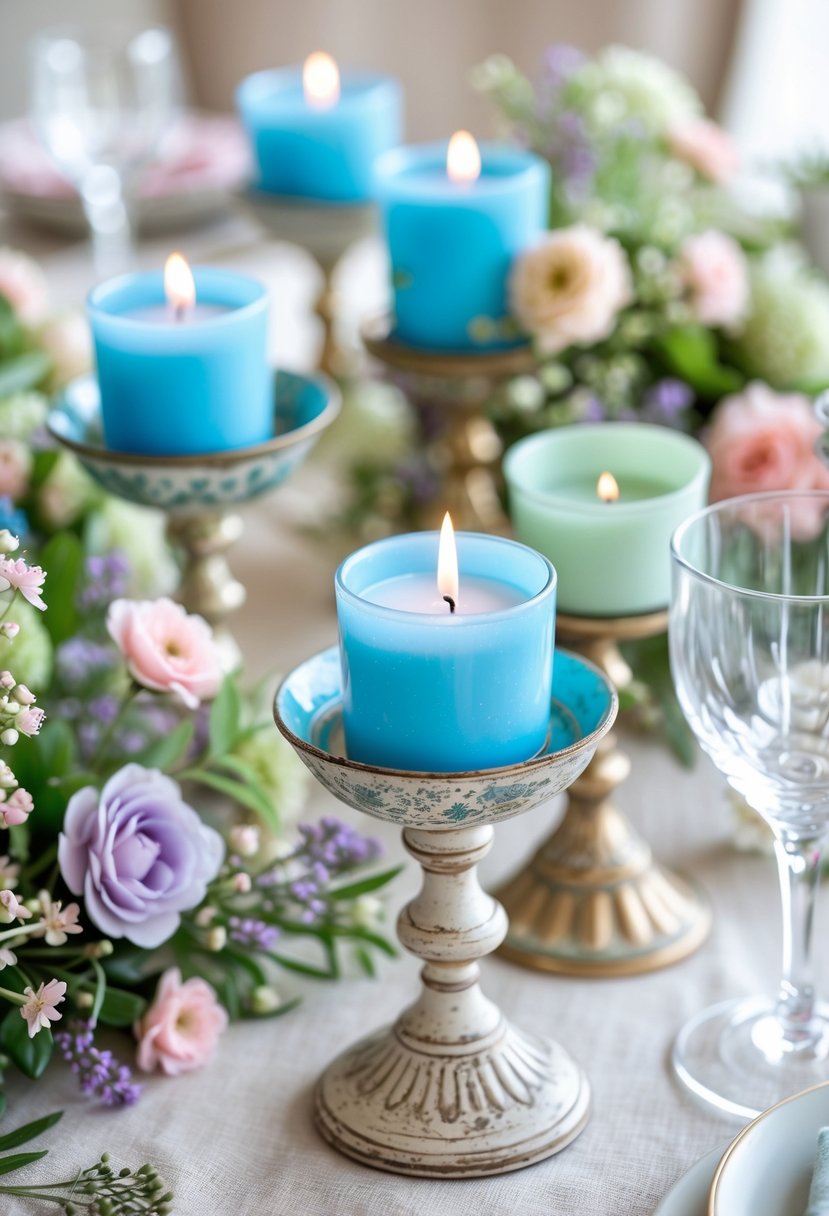 A wedding table with sky blue votive candles in vintage holders surrounded by pastel flowers and elegant tableware.