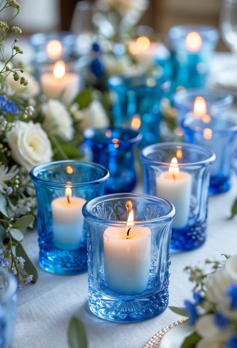 A wedding table set with blue-tinted glass votive candle holders, floral arrangements, and white linens, softly lit with candlelight.