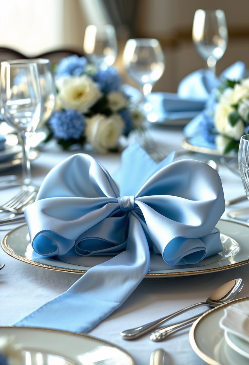 A wedding table setting with napkins tied with powder blue satin ribbons on plates surrounded by silverware and glassware.