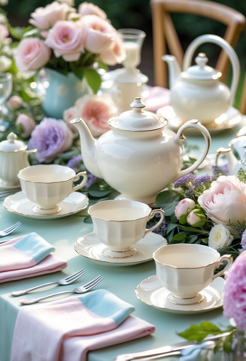 A wedding table set with cream-colored porcelain tea sets and pastel-colored decorations including flowers and linens.