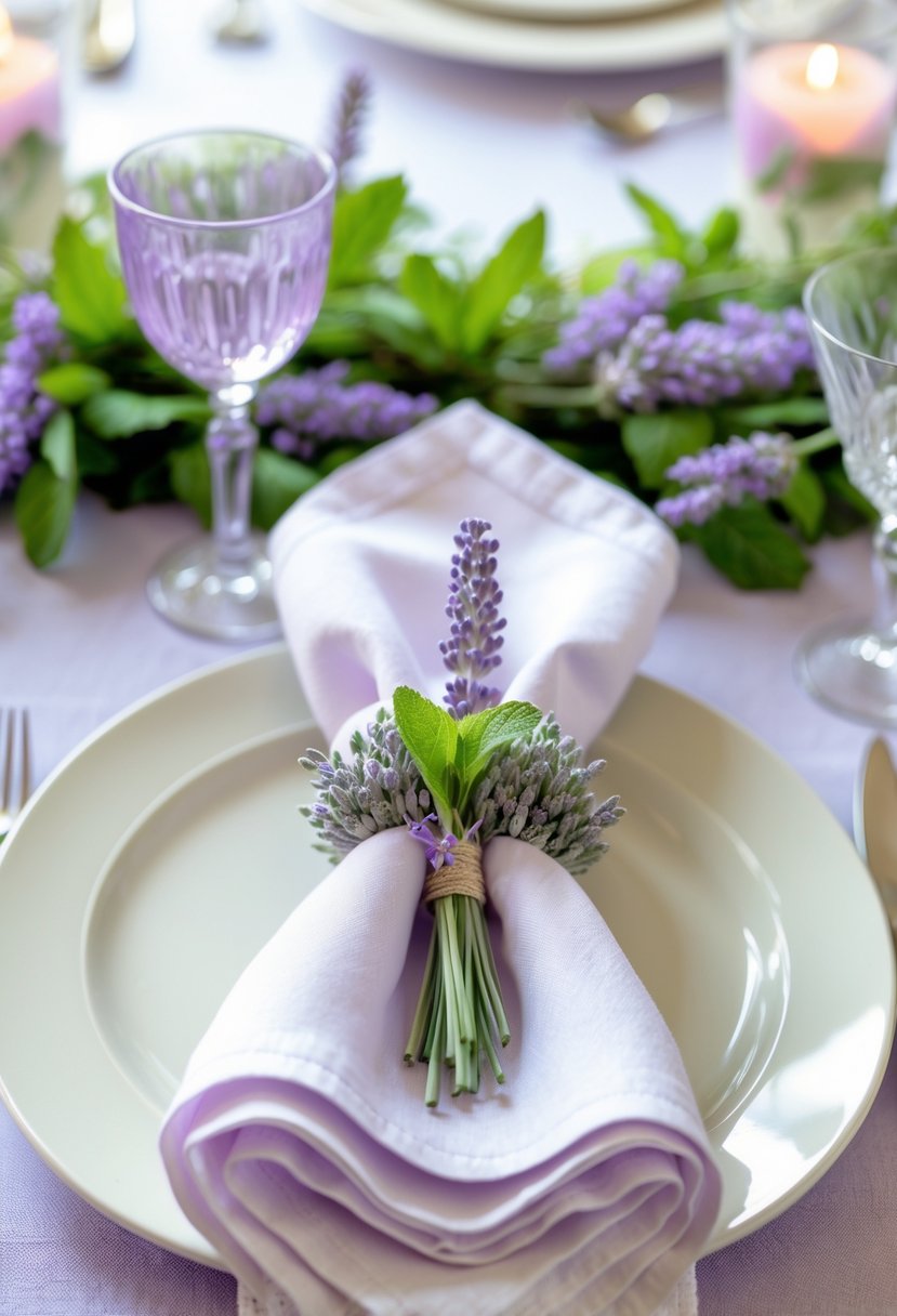 A wedding table set with white napkins wrapped in lavender and mint-tufted napkin rings, surrounded by pastel-colored tableware and floral decorations.