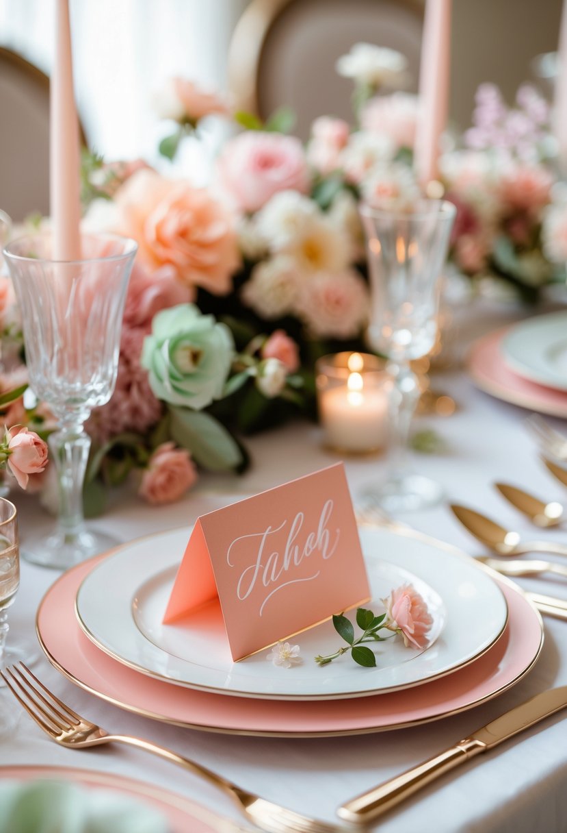 A wedding table set with soft coral paper place cards, pastel floral decorations, candles, and elegant tableware.