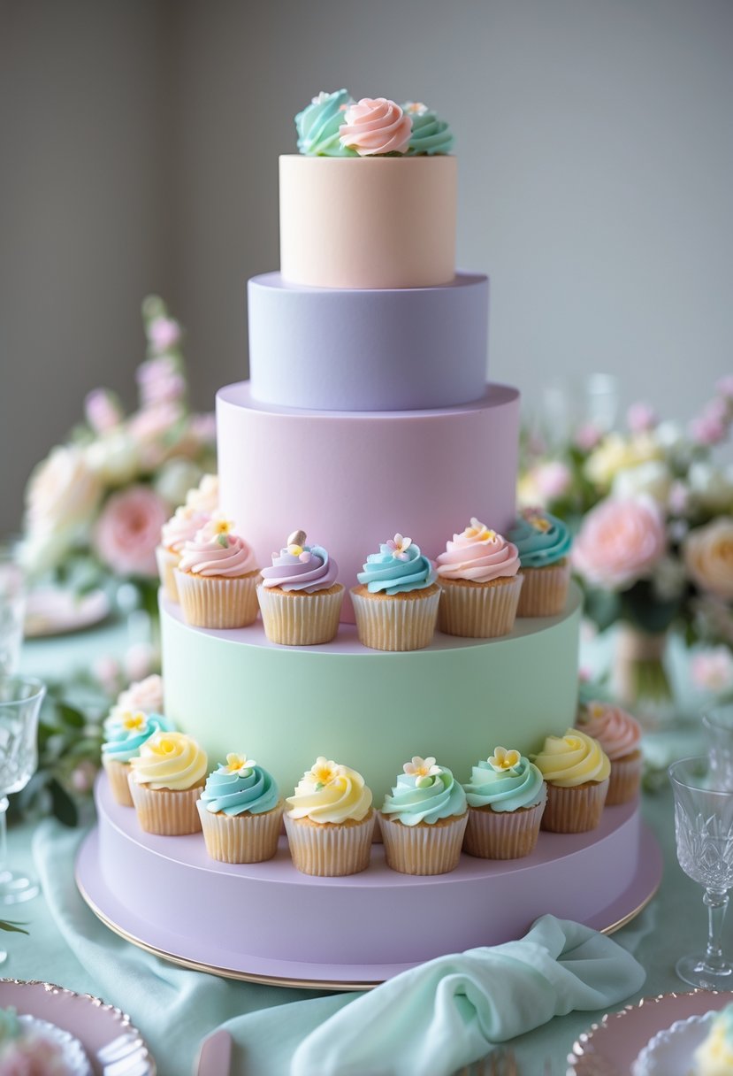 A pastel ombre dessert stand with multiple tiers holding colorful cupcakes on a decorated wedding table.