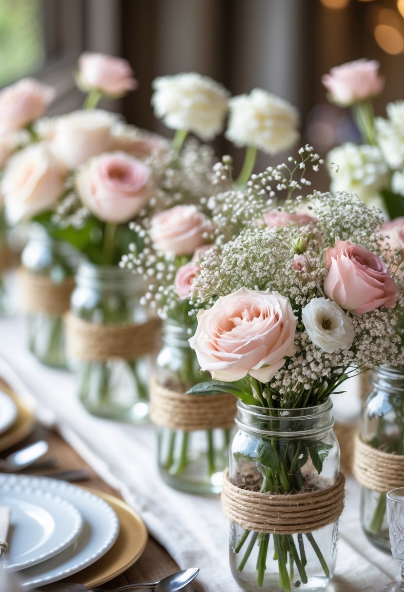 A table set for an engagement party with mason jars wrapped in twine holding pastel-colored flowers as centerpieces.