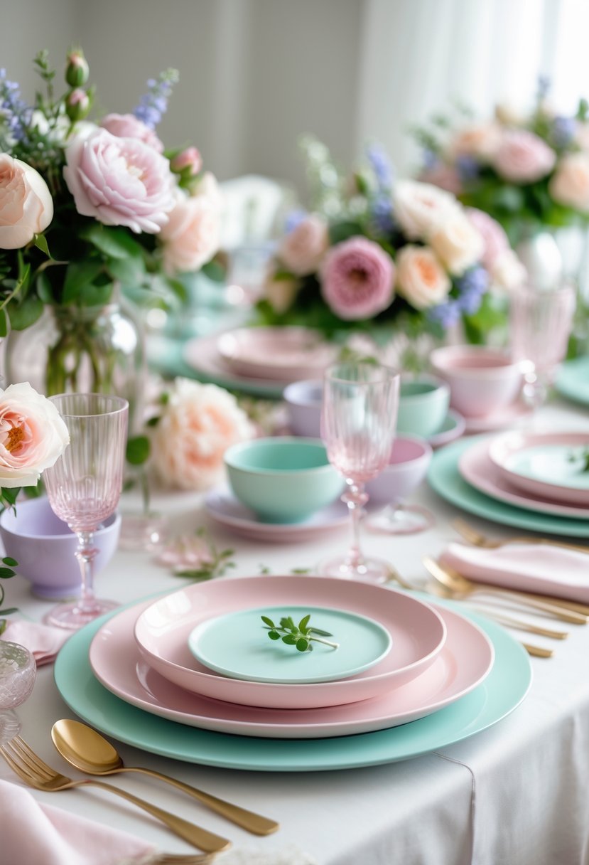 A beautifully set engagement party table with pastel-colored plates, bowls, cups, cutlery, and floral centerpieces.