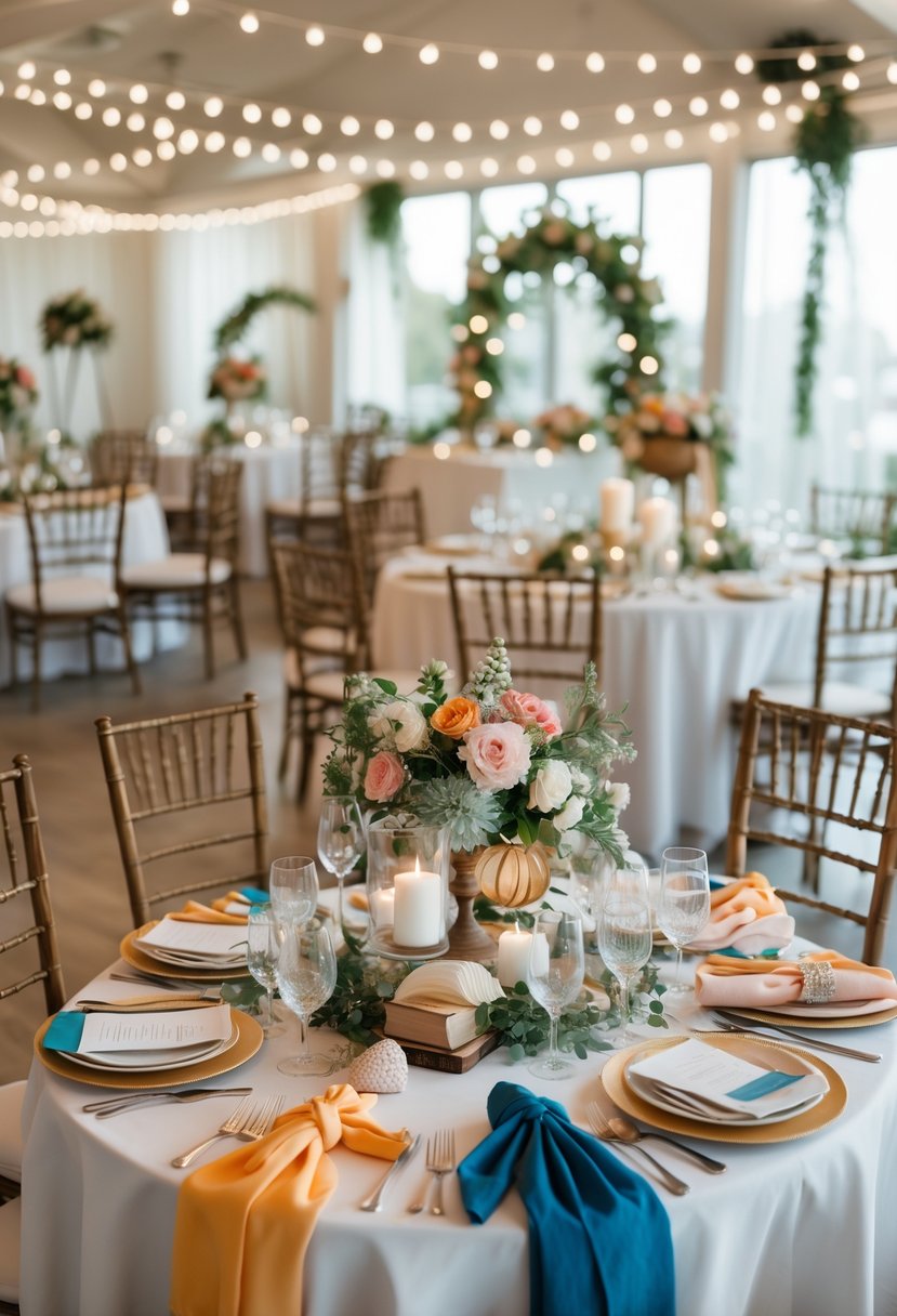 A collection of 15 wedding tables each decorated with unique floral centerpieces, candles, glassware, and creative table settings without name plates.