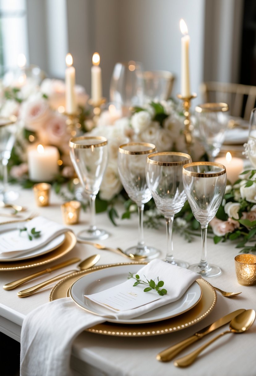 Engagement party table set with gold-rimmed glassware, floral centerpieces, candles, and elegant tableware.
