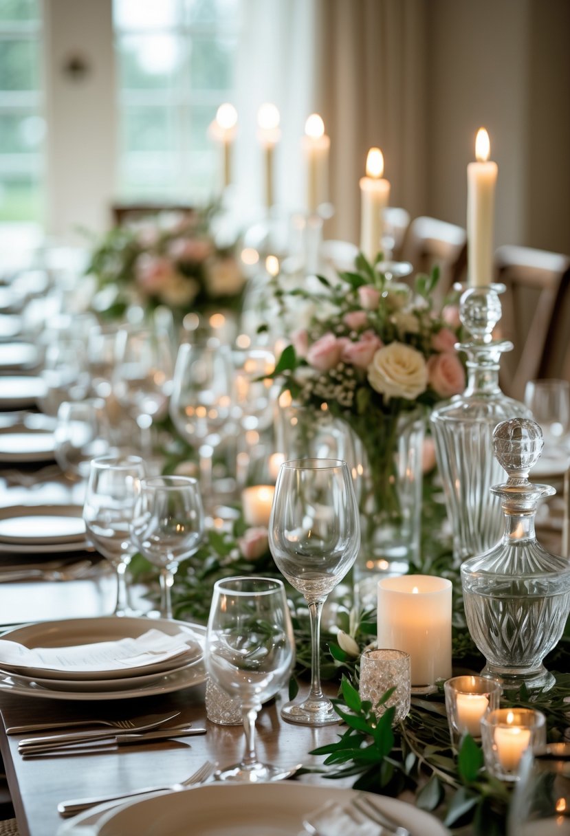 A wedding table set with various elegant glassware, flowers, and candles arranged creatively without any plates.