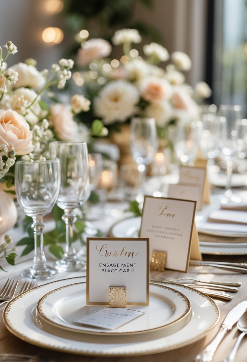 An engagement party table set with 15 custom name place cards, floral centerpieces, glassware, and fine dining settings.