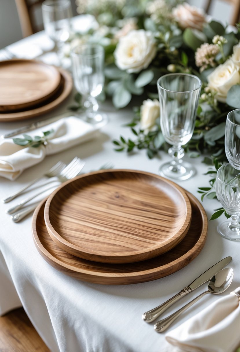 A wedding table set with wooden charger plates, greenery, flowers, glassware, and silverware arranged neatly on a white linen tablecloth.