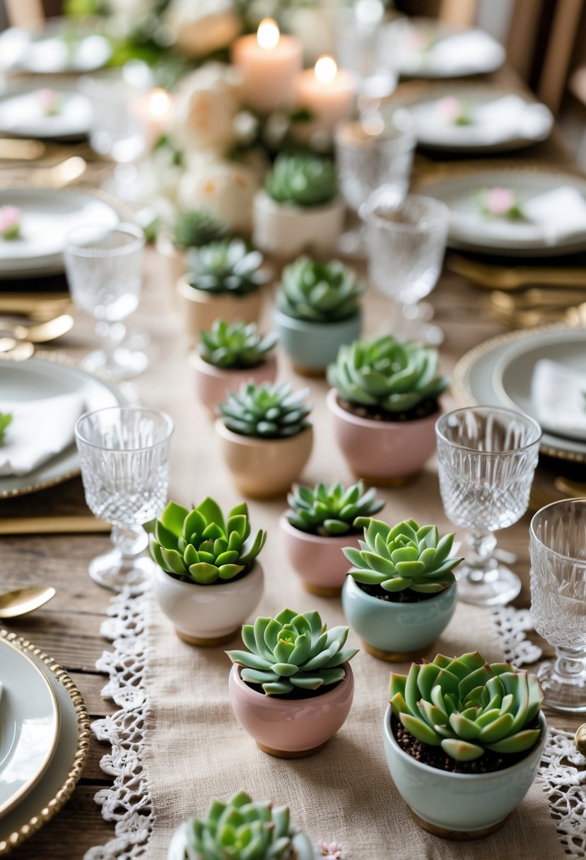 An engagement party table with 15 small succulent pots as favors arranged alongside place settings on a wooden table.