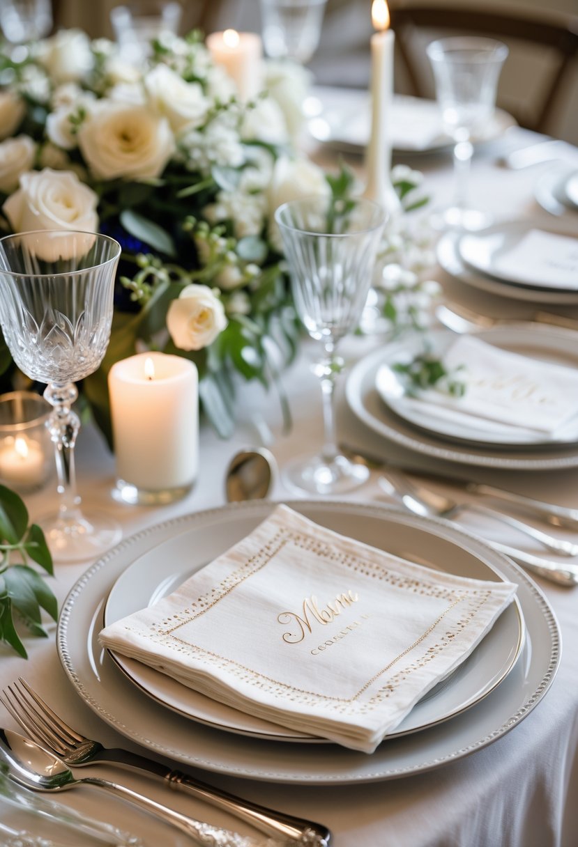 A wedding table set with personalized cocktail napkins, glassware, flowers, and candles arranged elegantly.